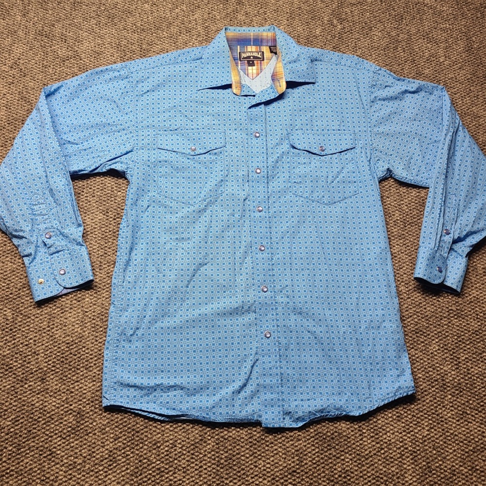 Panhandle Mens Blue Geometric Pearl Snap Western Shirt 36S1554 Medium